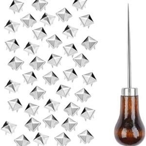 TUZAZO 500 Pieces 10 mm Square Pyramid Studs for Clothing Bag Leather Shoes Punk Rock Jewelry Craft, 4 Prong Metal Nailhead Studs Spikes Accessories with Awl (Silver)