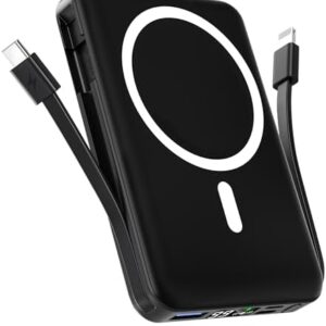 podoru Wireless Portable Charger, 10000mAh Magnetic Power Bank Built-in USB C Lighting Cables 22.5W PD Fast Charging LED Display Mag-Safe Battery Pack for iPhone 15/14/13/12/Mini/Pro/Pro Max - Black