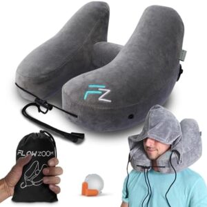 AIR Inflatable Travel Pillow - Hooded Neck Pillow Airplane - Travel Neck Pillow - Car & Plane Pillow - Airplane Pillow for Long Flight - Inflatable Neck Pillow for Traveling on Plane - Grey