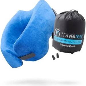 TRAVELREST Nest Memory Foam Travel Pillow/Neck Pillow - Advanced Neck Support for Long Flights - Patented Design for Optimal Relaxation - Long Travel - Unmatched Sleep - Machine Washable - Blue