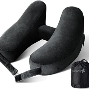 Neck Pillow for Travel Inflatable Airplane Pillow Comfortably Supports Head, Neck and Chin, Inflatable Travel Pillow with Soft Velour Cover and Portable Drawstring Bag (Black)