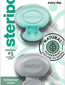 Steripod Clip-On Toothbrush Protector with Peppermint Essential Oils, Keeps Toothbrush Fresh and Clean, Travel Accessories, Fits Most Manual and Electric Toothbrushes, 2 Count