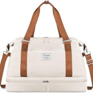 ETRONIK Weekender Bags for Women, Gym Bag with Shoes Compartment & Wet Pocket, Travel Duffel Bag with Trolley Sleeve for Personal Item Travel, Overnight Carry on Bag, Beige