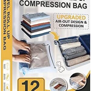12 Hand Roll Up Compression Travel Bags-Space Saver Bags for Luggage and Cruises (5 Large, 5 Medium, 2 Small), No Vacuum Needed