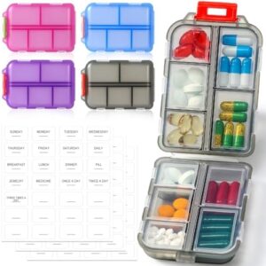 4 Pack Small Travel Pill Organizer for Purse, Pocket, Bag - 10 Compartments Pill Holder Box, Handy Medicine Container - Portable Mini Pharmacy for Weekly Daily Travel - BPA Free Vitamin Fish Oil Case