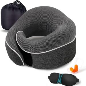 Travel Neck Pillow Chin Support Pillow Adjustable 100% Pure Memory Foam , New Ergonomic Design Soft Best Full Neck Surround Pillow Sleep for Home, Airplanes & Car (Black)