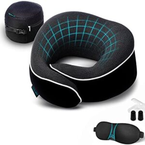 Orthopedic Neck Pillow Travel Neck Pillows for Airplanes, Memory Foam Kit, Updated Resting Material, Airplane Travel Set with 3D Contoured Eye Masks, Earplugs, and Luxury Mesh Bag (Black)