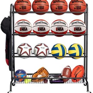 Basketball Rack, Rolling Basketball Shooting Training Stand,Sports Equipment Storage with Wheels, Four-Layer Organizer Holder with Two Basket for Basketballs Footballs Volleyball