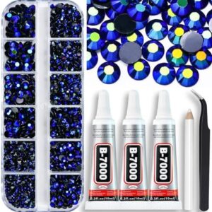 B7000 Clear Glue with 4000PCS Rhinestones for Crafts Clothing Fabric Shoes, Glue Fix Flatback Gems for Nails Face Jewelry, Mixed 2mm 3mm 4mm 5mm 6mm Diamond Bejeweled Kit, Purple Blue AB