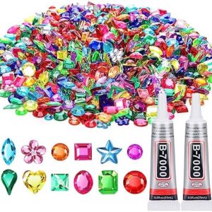Anezus1200Pcs Craft Gems with 2Pcs B7000 Jewelry Glue, Flat Back Sequins Jewels Embellishments Rhinestones Gemstones for Bedazzling, Decor, Clothing